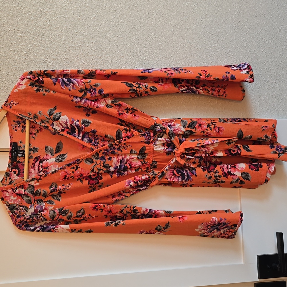 New Look Tall Floral Orange Wrap Romper Playsuit With Bell Sleevez